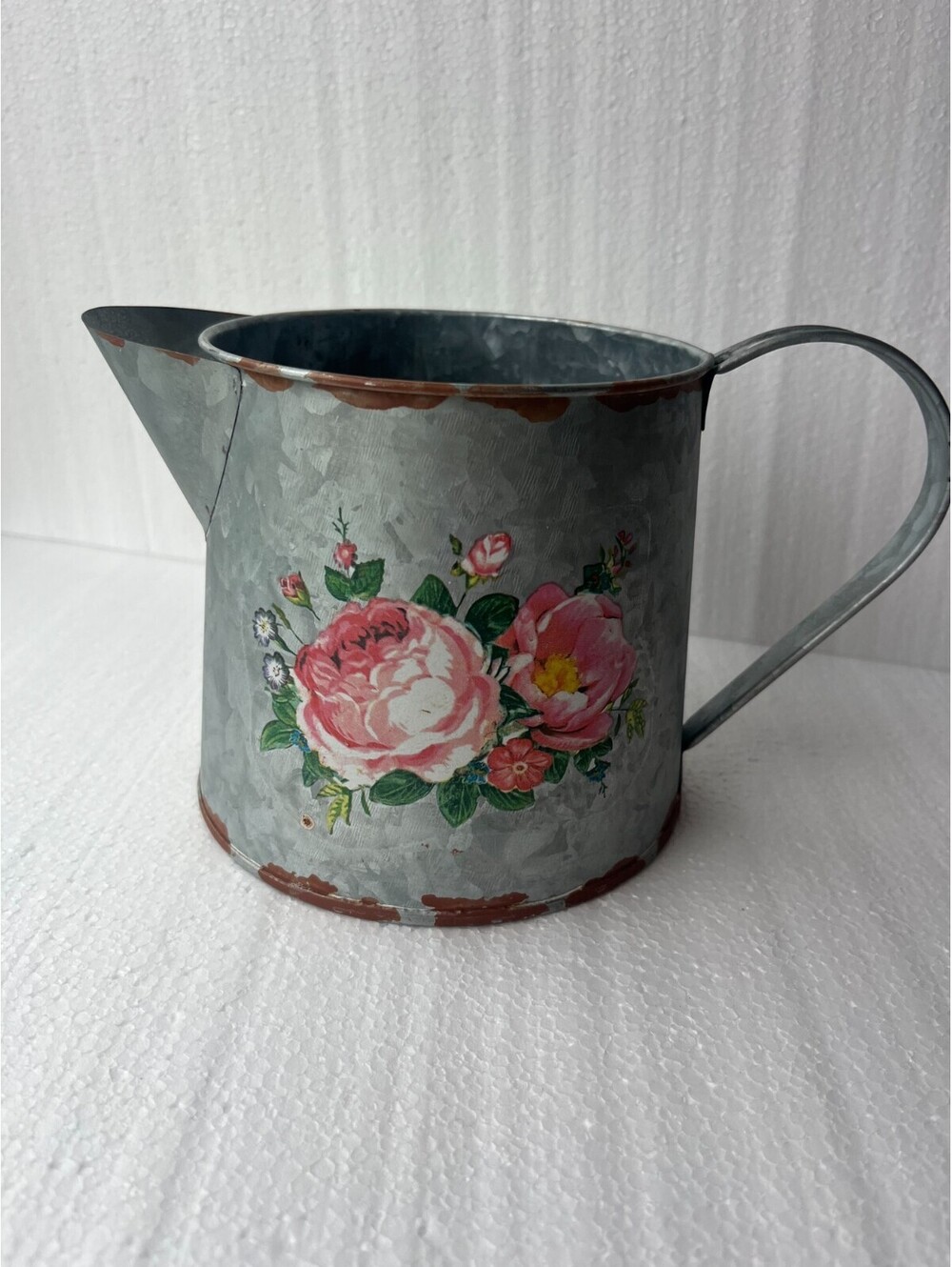 Galvanized Metal Floral Watering Can Pitcher Vintage-Inspired Cottage Farmhouse